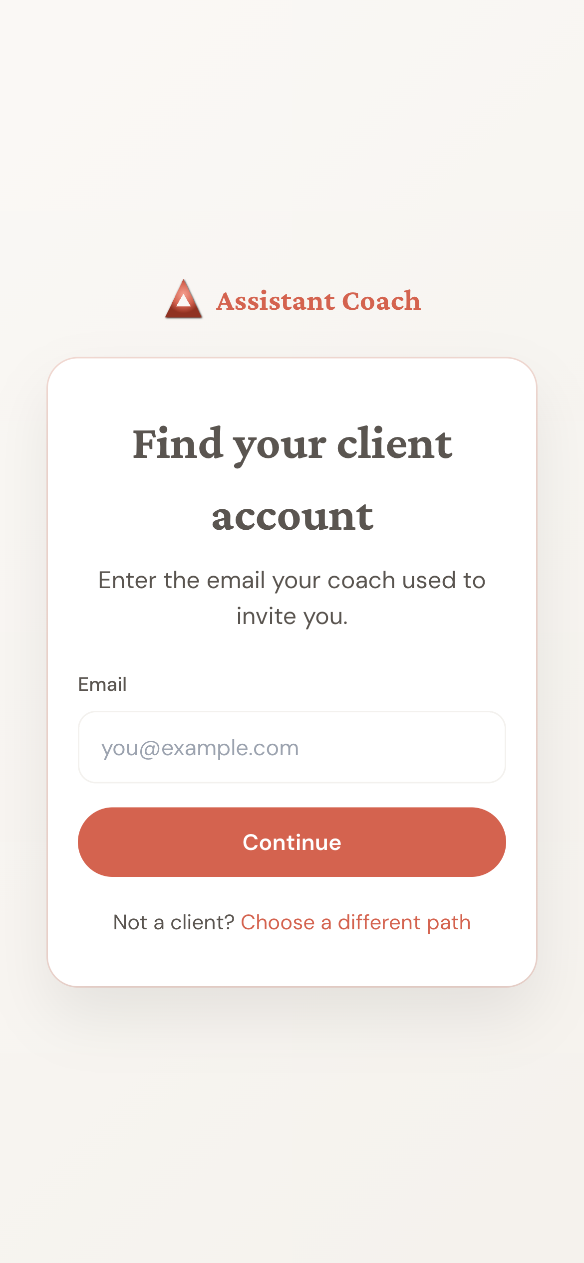 Mobile login screen titled Find your client account with an email field and Continue button