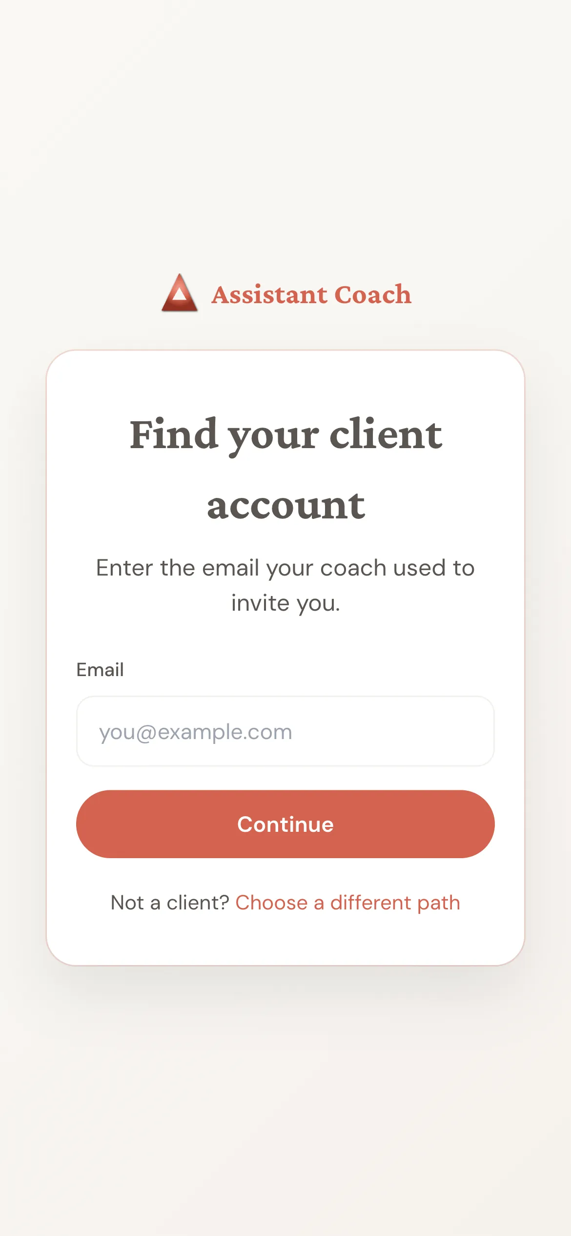 Mobile login screen titled Find your client account with an email field and Continue button