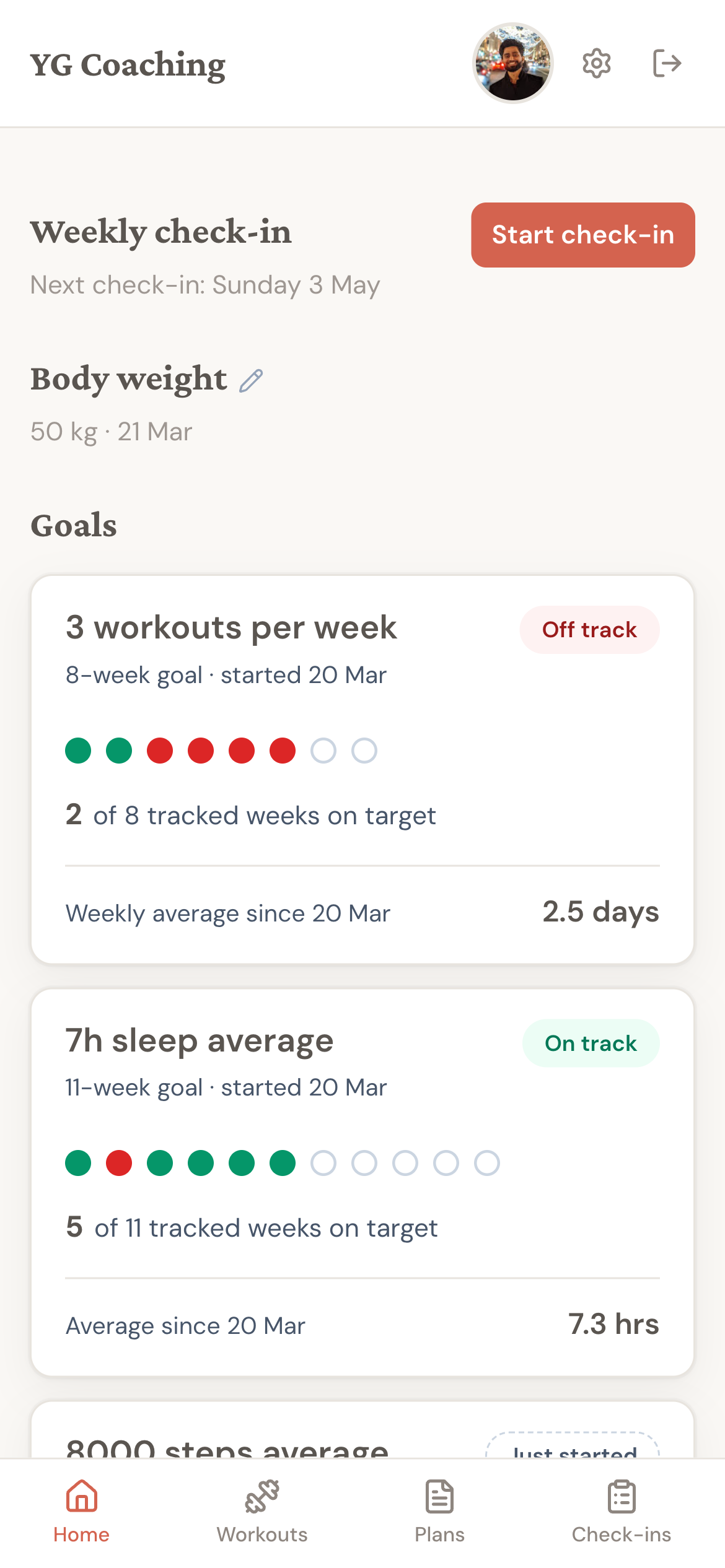 Active home page showing weekly check-in card, body weight, and goals with progress dots