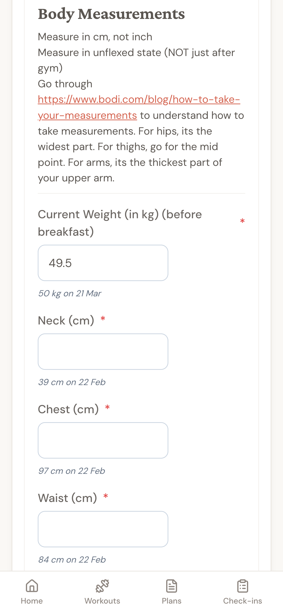Check-in form showing body measurements section with weight and other inputs