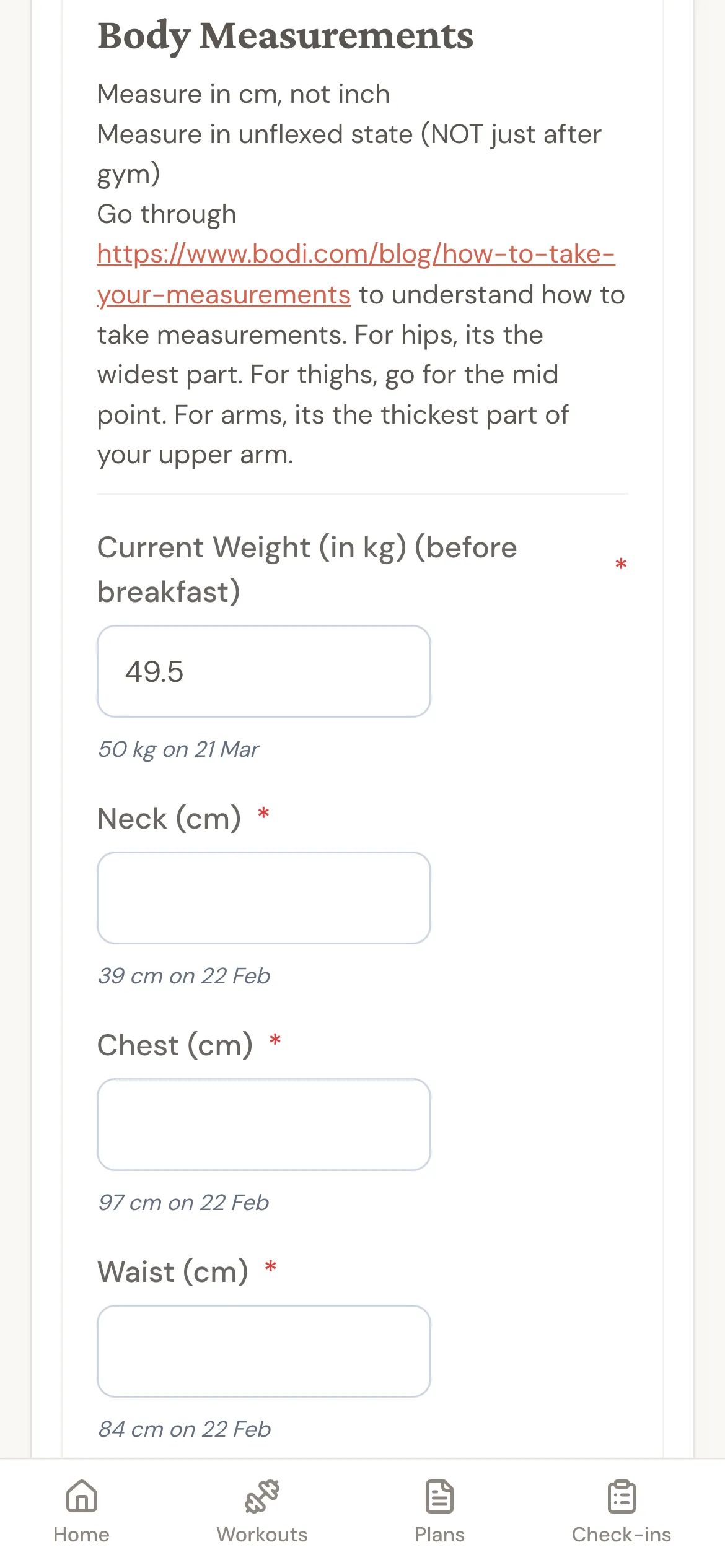 Check-in form showing body measurements section with weight and other inputs