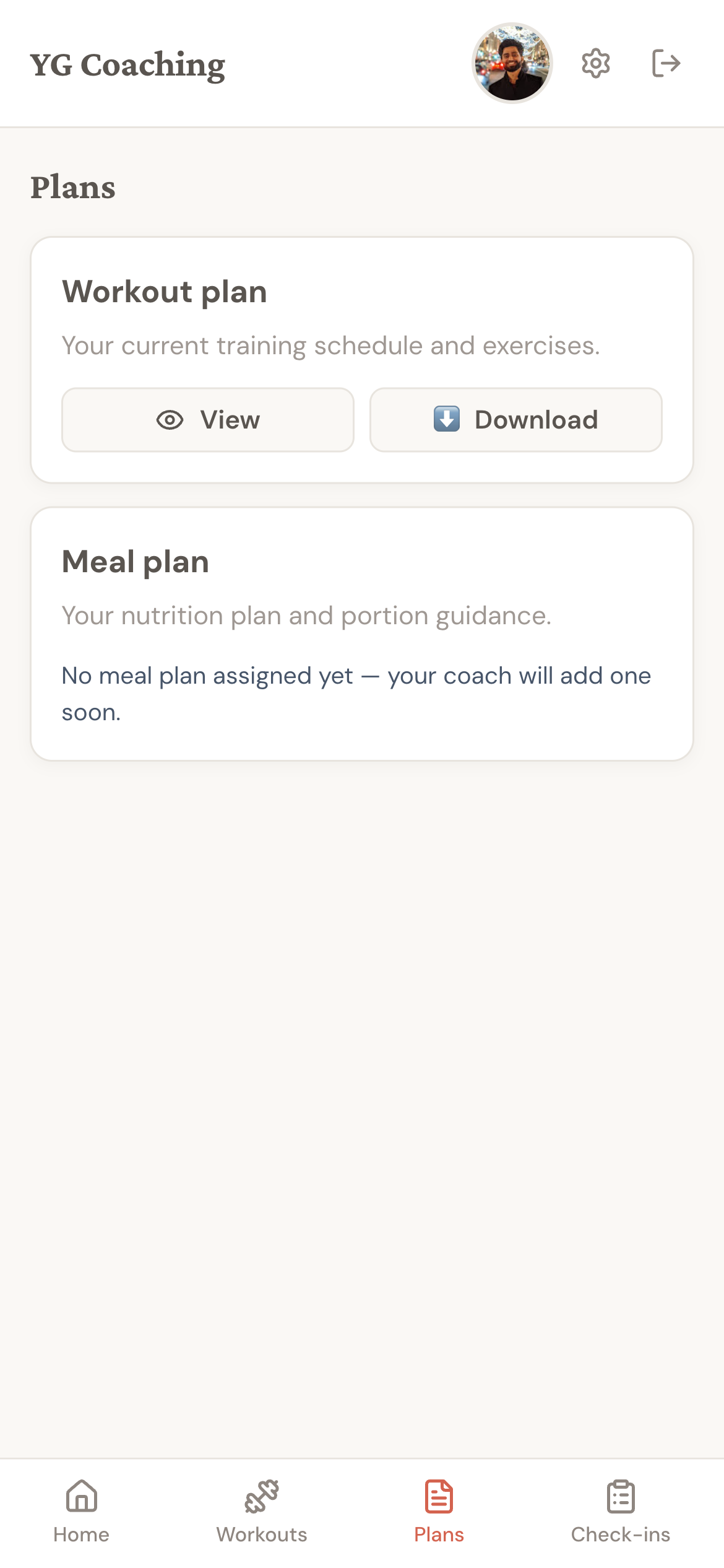 Plans page showing a Workout plan card with View and Download buttons, and a Meal plan card