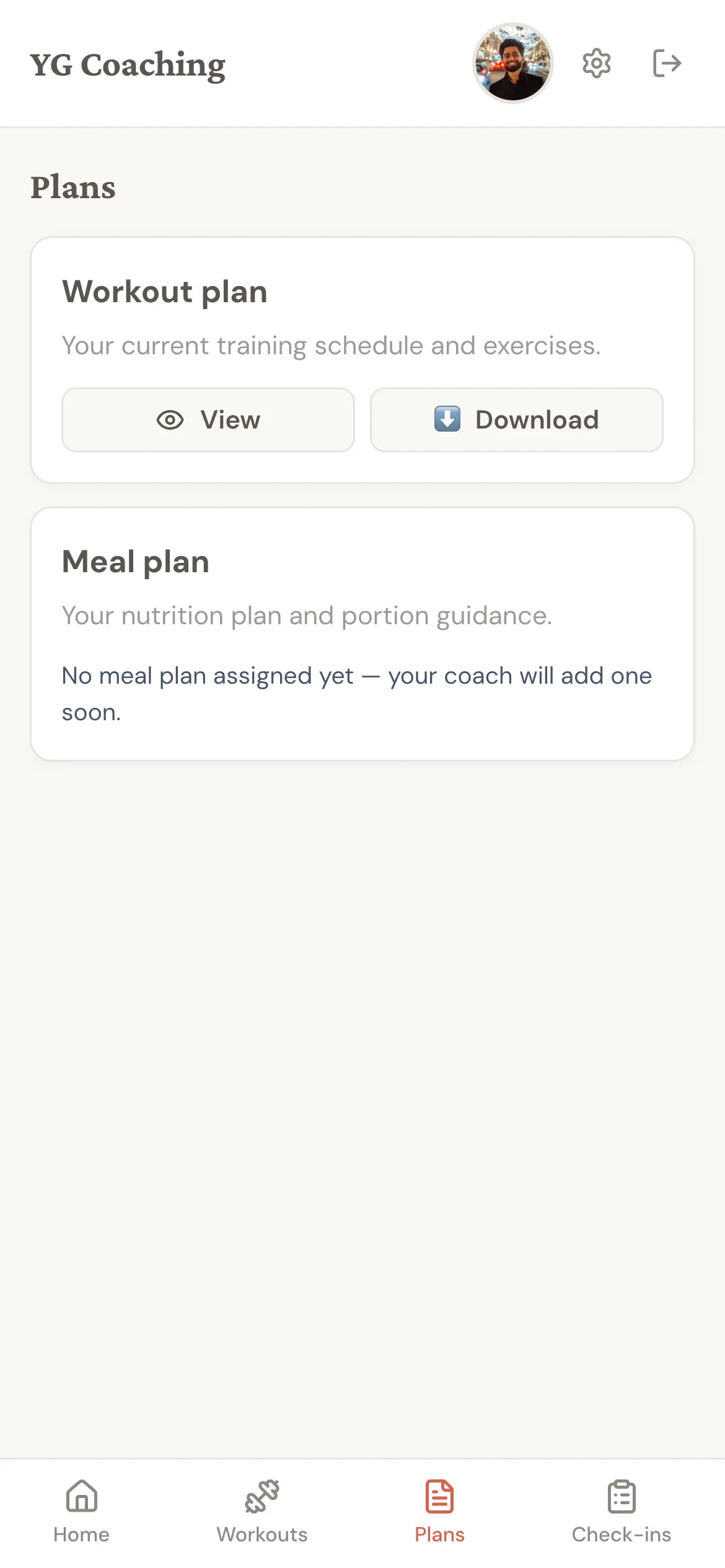 Plans page showing a Workout plan card with View and Download buttons, and a Meal plan card