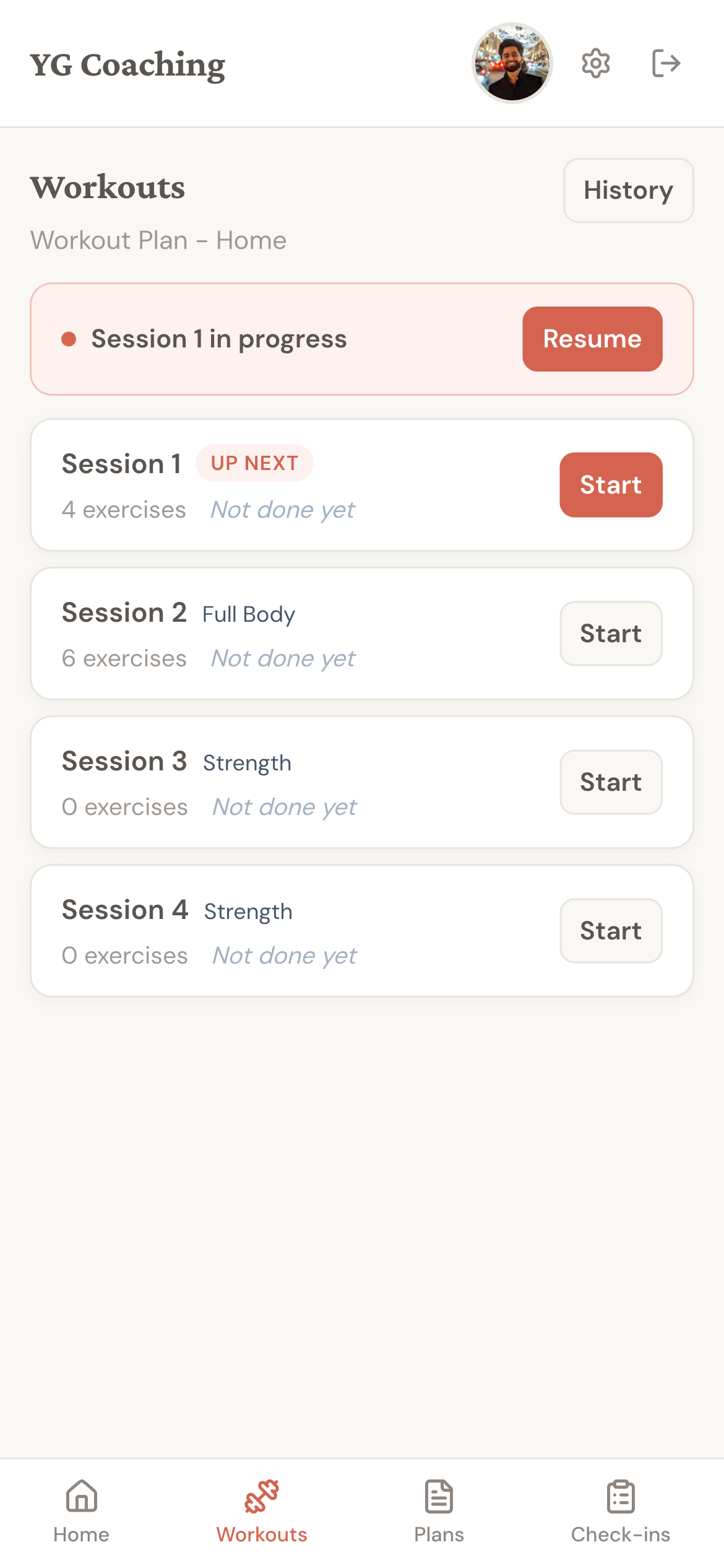 Workouts list showing four sessions with Start buttons and one in-progress session with Resume