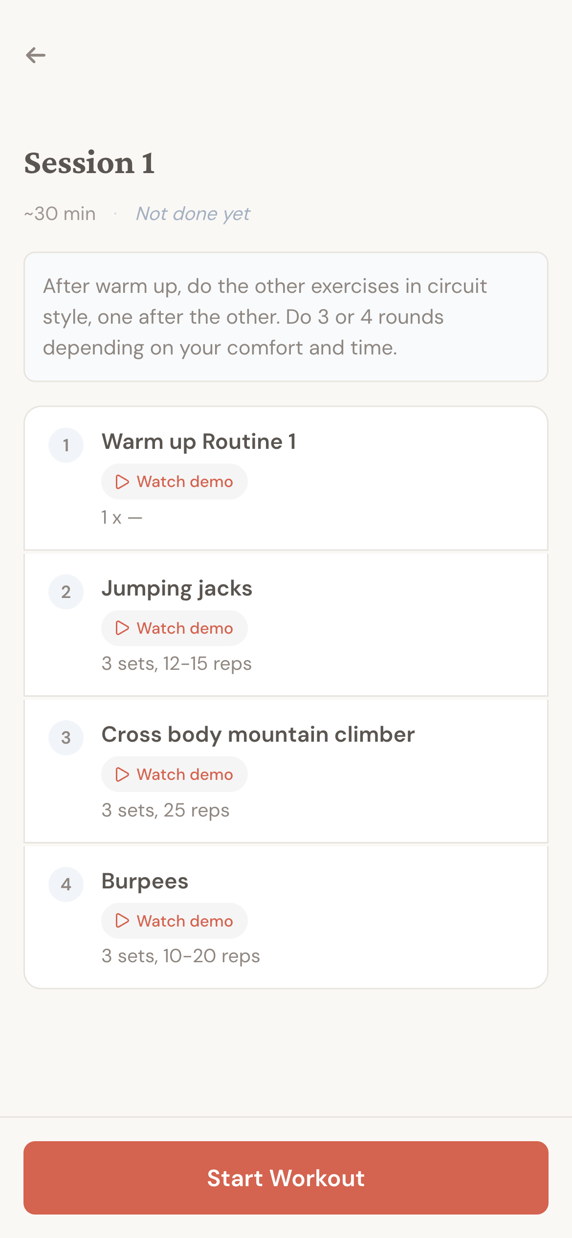 Pre-workout screen showing exercises in a session with watch demo links and a Start Workout button