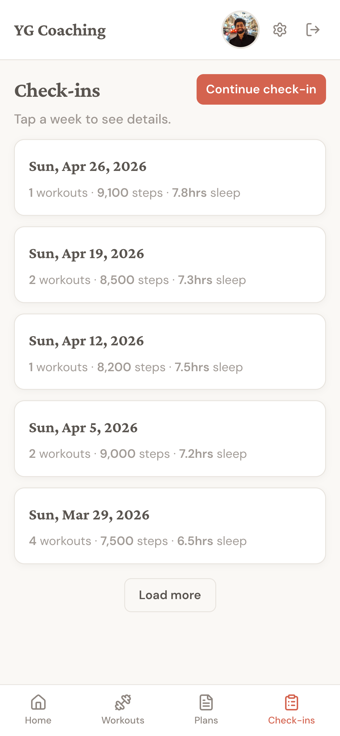Check-ins history showing weekly check-ins by date with a quick summary of workouts, steps, and sleep