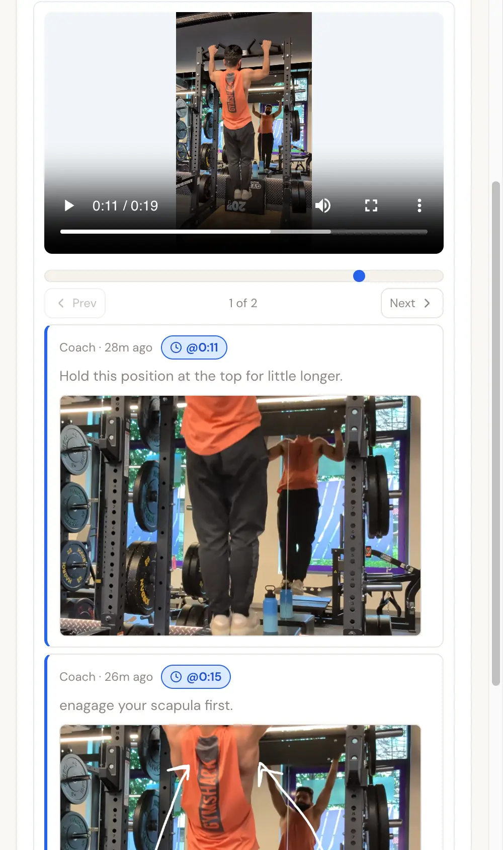 Mobile workout view showing a pull-up video player with a blue marker on its timeline, Prev and Next buttons, and comment cards below with timestamps and small drawing thumbnails